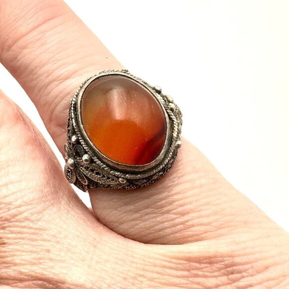 Vintage Chinese Export Carnelian Sterling Silver Filigree Adjust Ring Set at 6.5 - Picture 1 of 7